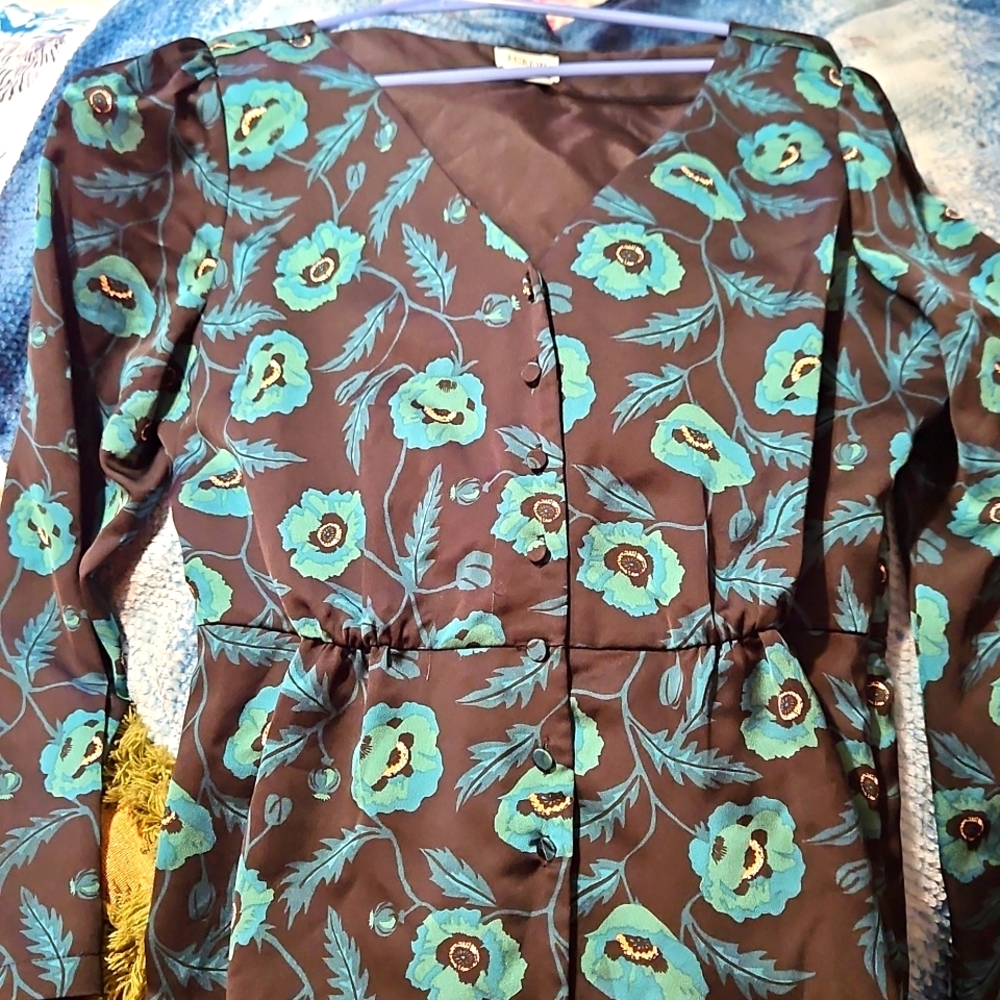 J. Crew Blouse Women's 10 Black Green Floral Button Up Long Sleeve Vneck